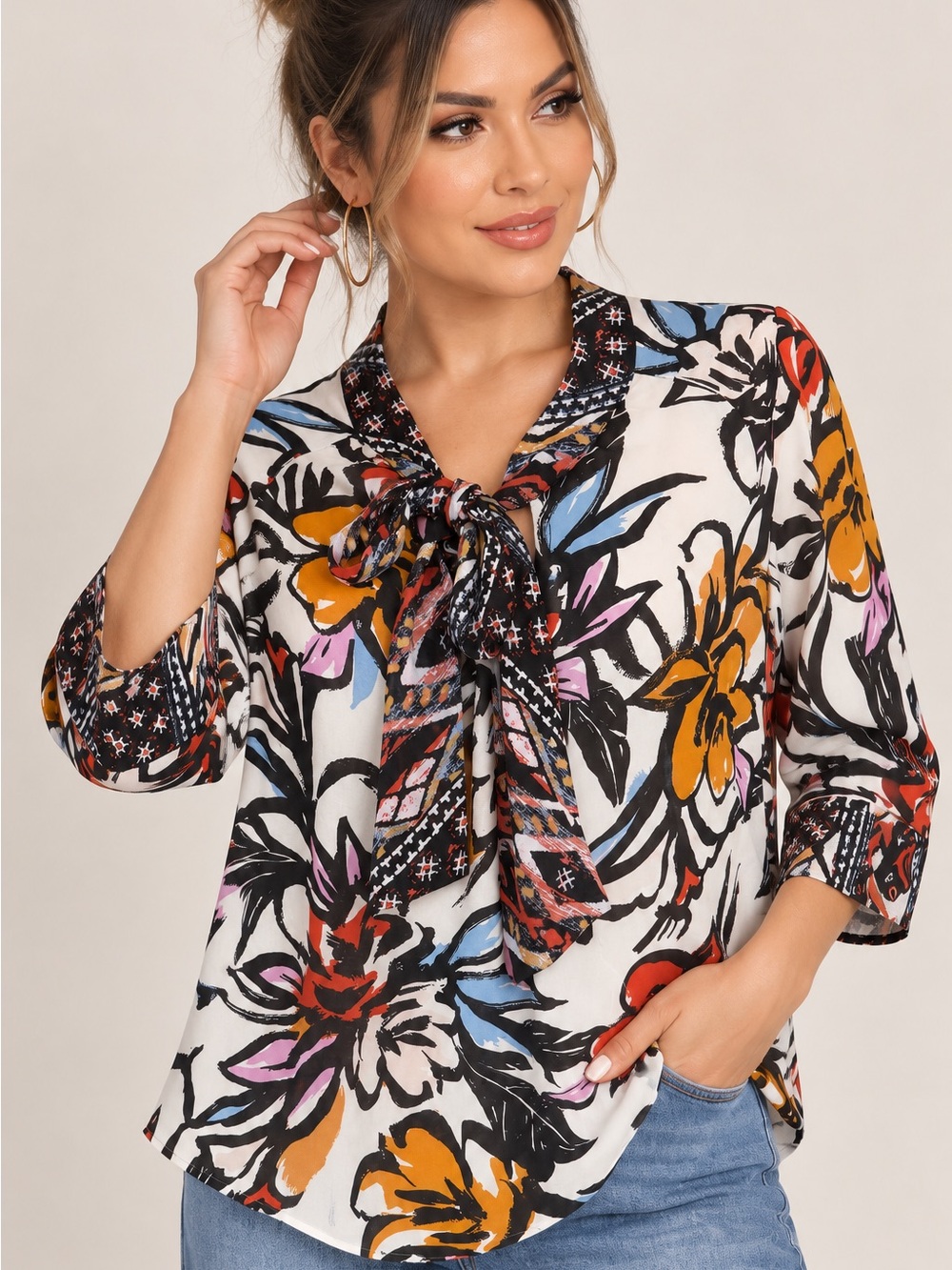 Tie-Neck Floral Blouse in White Multi